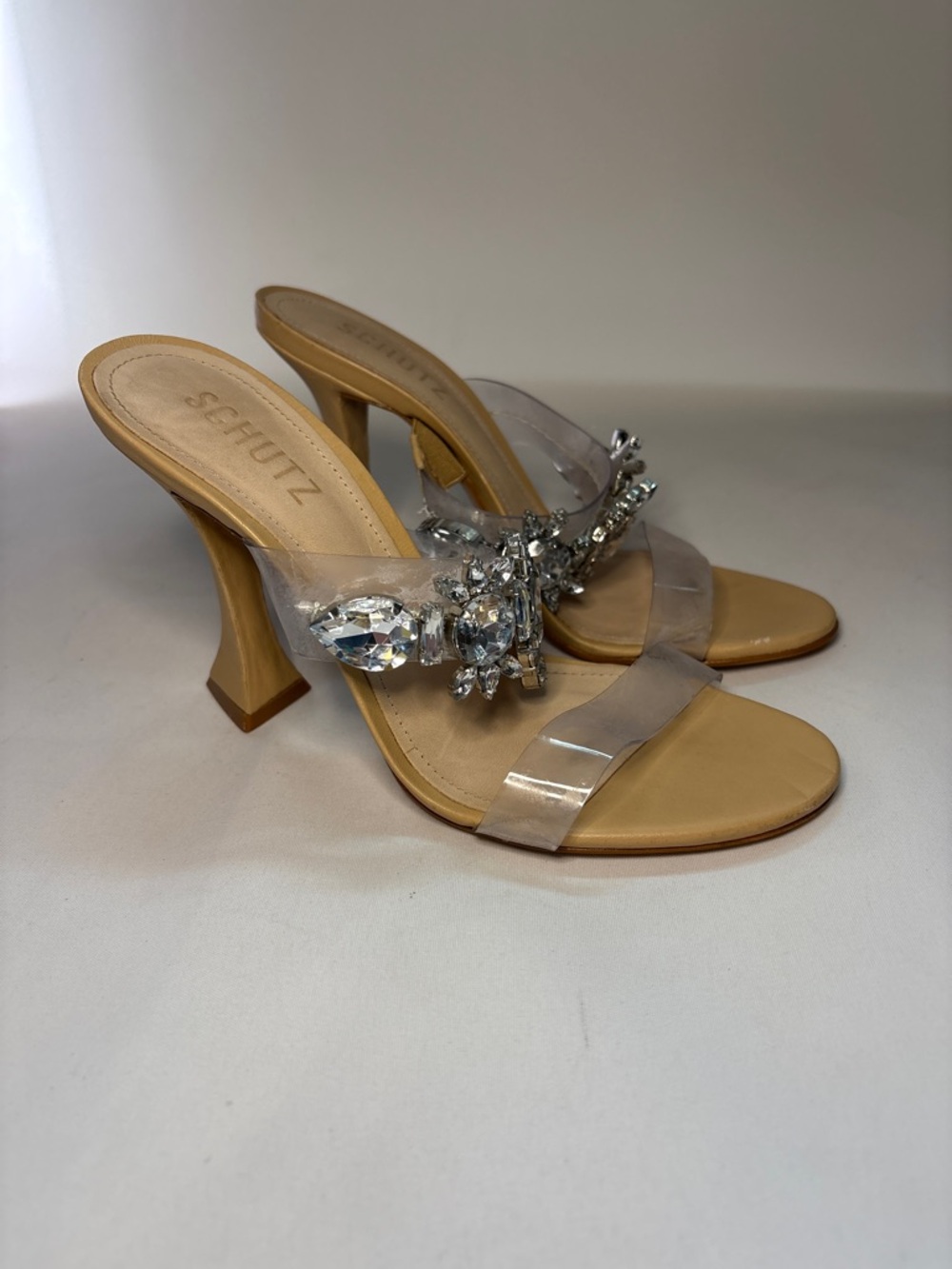 SCHUTZ Laureen Tan and Clear Crystal-Embellished Heeled Mules